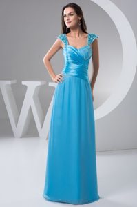 Great Straps Blue Long Prom Formal Dress with Ruches and Beading