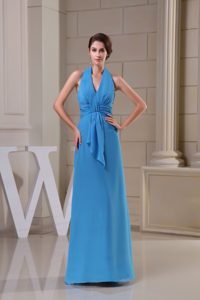 Impressive Chiffon Halter Top Blue Prom Dress Ankle-length with Ruching