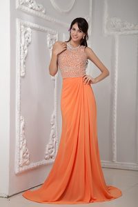Sexy Orange Column Scoop Chiffon Prom Dress with Beading