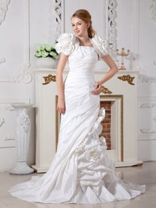 Column Strapless Taffeta Court Train Unique Wedding Dress with Beading