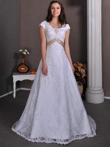 V-neck Court Train Wedding Dress in Taffeta and Lace for Wholesale Price