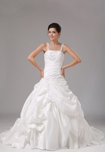 Beautiful White Straps Taffeta Wedding Dress with Embroidery