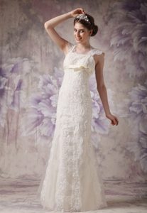 Unique Column Straps Long Wedding Dress in Organza and Lace