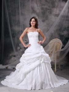 Strapless Court Train Cute Wedding Dress with Appliques and Flowers