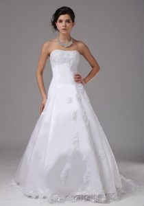 Luxurious Lace Strapless Lace-up Wedding Gowns with Brush Train