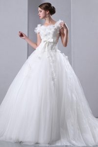Beautiful Scoop Chapel Train Prom Wedding Dress with Ruffles and Bowknot