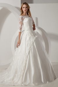Bateau Half Sleeves Prom Wedding Dress with Long in Taffeta and Lace