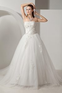 Lovely Strapless Appliqued Church Wedding Dresses with Sweep train