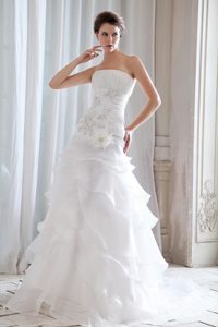 Ruched and Beaded Wedding Dress with Ruffled Layers and Handmade Flowers