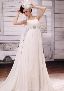 V-neck Beaded and Ruched Dress for Wedding with Watteau Train in Low Price