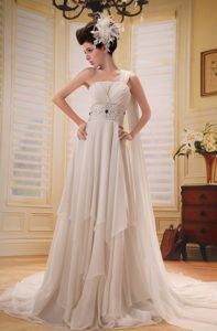 One Shoulder Watteau Train Wedding Dress with Ruches and Beads in Chiffon