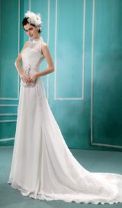 White High-neck Wedding Dress for Women with Hand Made Flower for 2014
