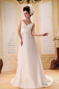 Inexpensive V-neck Backless Dress for Church Wedding with Beads in Taffeta