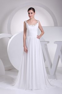 Simple Scoop Ruching Women Wedding Dress with Beadings and Sweep Train