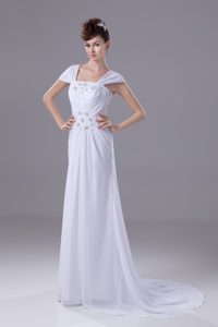Pretty Square Cap Sleeves Wedding Dress with Ruches and Beadings in Chiffon
