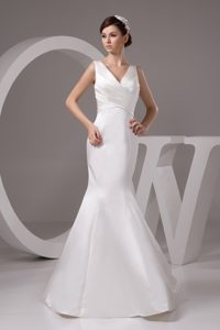 V-neck Mermaid Satin Wedding Dress for Women in Long with Ruches