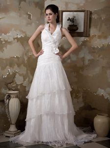 Pretty Halter-top Wedding Party Dresses with Handle Flowers and Layers
