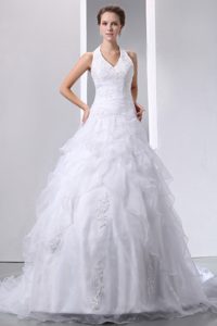 Brand New Halter-top Church Wedding Dress with Ruffles and Appliques