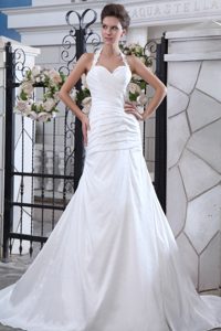 Mermaid Halter-top Prom Wedding Dress in Taffeta with Appliques and Ruches