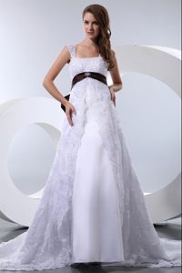 Square Straps White Dress for Church Wedding with Purple Sash and Bowknot