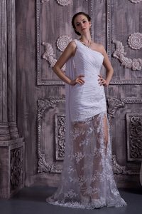 Customize One Shoulder Ruched Outdoor Wedding Dress with Watteau Train