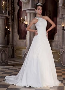 One Shoulder Princess Dresses for Church Wedding with Beadings and Ruches