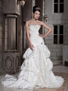 Unique Beaded and Ruched Outdoor Wedding Dresses with Pick-ups in Taffeta
