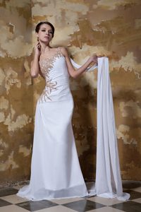 One Shoulder White Prom Wedding Dresses with Appliques and Watteau Train