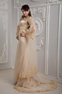 Glitz Champagne Column Outdoor Wedding Dress with Sash in Satin and Lace