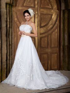 Strapless Court Train Women Wedding Dress with Sash and Embroidery