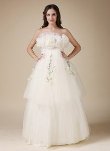 White Dress for Church Wedding with Appliques and Handmade Flowers