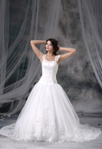 Appliqued Straps White Prom Wedding Dresses with Court Train on Promotion