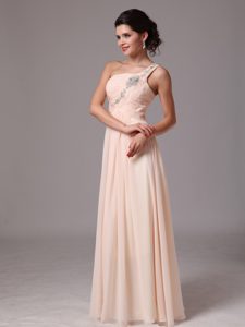 Baby Pink One Shoulder Long Ruched Appliqued Evening Party Dresses