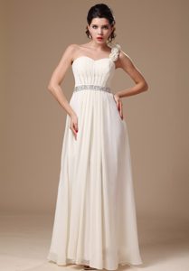 White One Shoulder Long Ruched Beaded Evening Dresses with Flowers