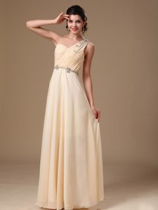 Champagne One Shoulder Long Ruched Evening Dresses with Appliques