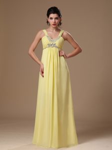 Best Light Yellow Ruched Chiffon Long Evening Party Dress with Beading