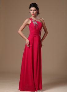 Coral Red One Shoulder Long Ruched Evening Party Dress with Appliques