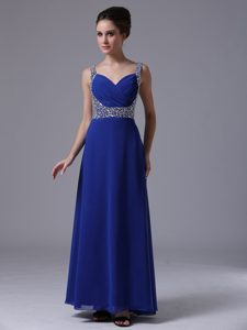 Nice Beaded Straps Long Royal Blue Chiffon Evening Dress with Ruching
