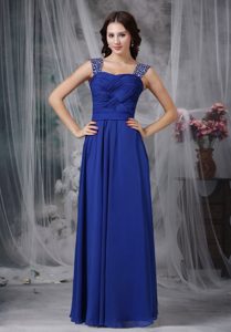 Royal Blue Straps Long Ruched Chiffon Evening Party Dress with Beading