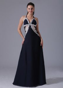 Halter Straps Long Navy Blue Chiffon Chic Evening Dress with Appliques