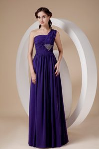 Dark Purple One Shoulder Long Ruched Beaded Formal Evening Dresses