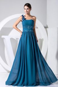 Teal One Shoulder Chiffon Evening Dress with Beading and Flowers