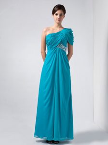 One Shoulder Long Aqua Blue Ruched Beaded Chiffon Evening Dresses