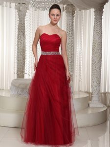 Wine Red Sweetheart Long Tulle Formal Evening Dress with Beaded Waist