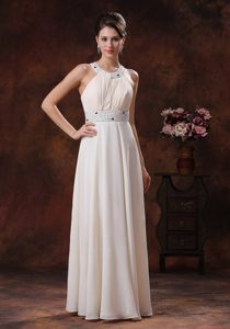Round-neck Long Champagne Ruched Chiffon Evening Dress with Beading
