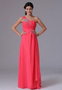 Cheap One Shoulder Long Coral Red Ruched Evening Dress with Appliques