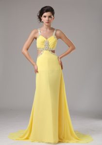 Straps Ruched Yellow Evening Dress with Beading and Cutout Waist
