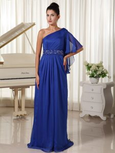 One Shoulder Royal Blue Chiffon Evening Dress with Beaded Waist