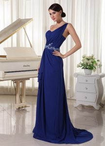 New Royal Blue One Shoulder Ruched Evening Dress with Appliques