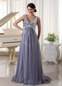Cheap V-neck Gray Sequin and Chiffon Evening Dress for Celebrity